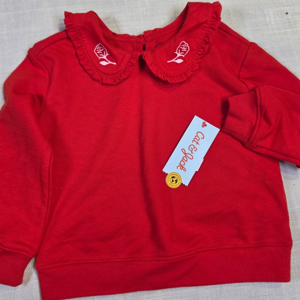 Cat & Jack Toddler Girls Red Embroidered Rose Peter Pan Collar Sweatshirt 3T NWT